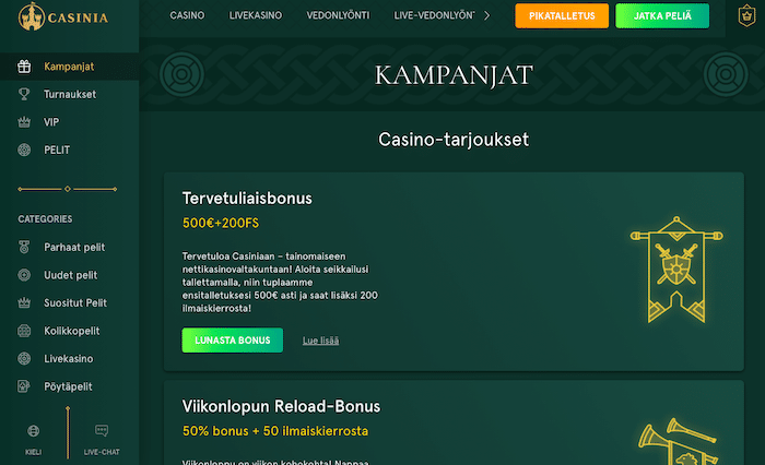 Kuva Casinian bonussivulta